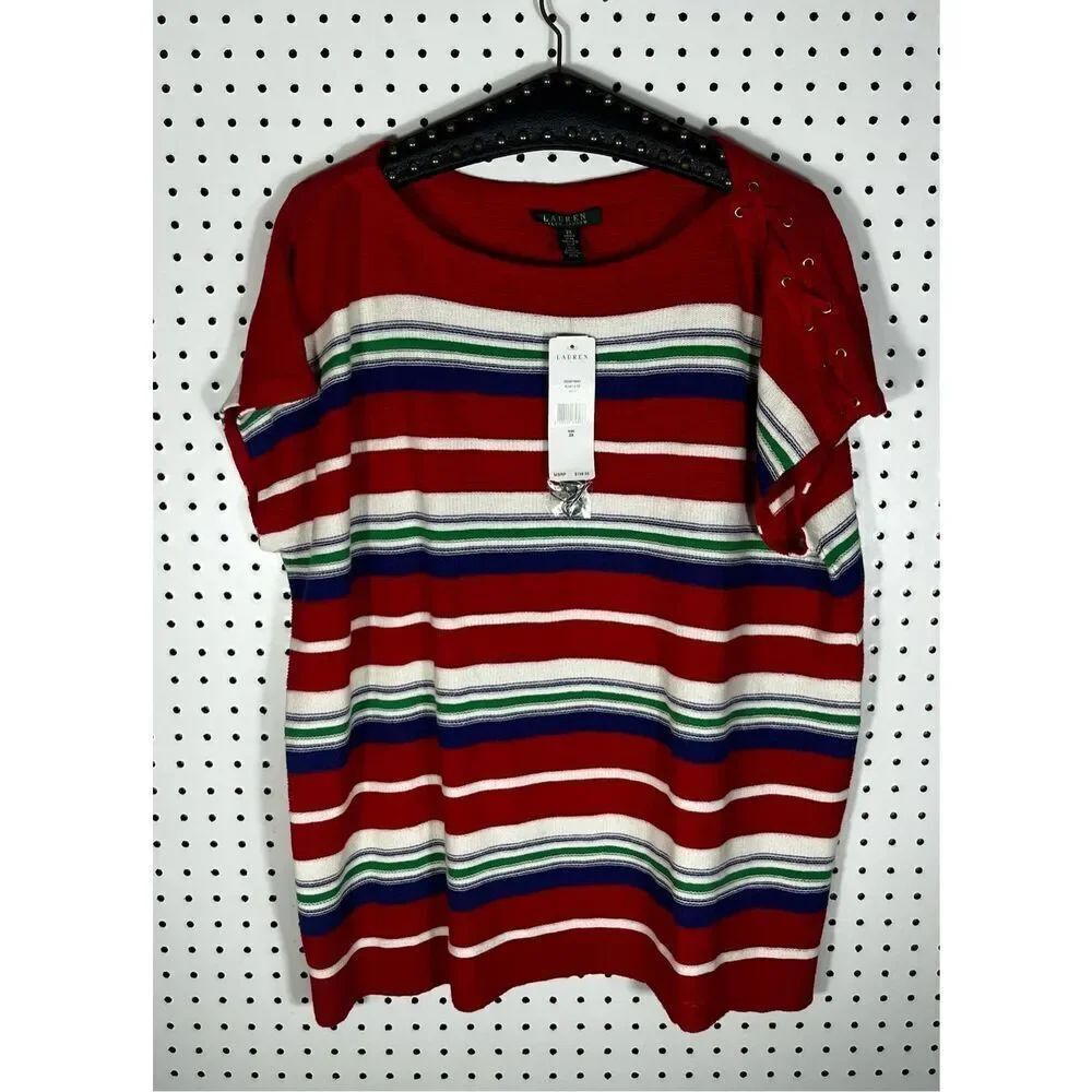 Womans NWT~RALPH LAUREN PLUS~STRIPE DOLMAN SHORT SLEEVE SWEATER size 2X